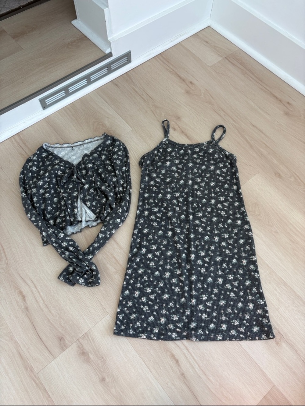 art class Black Floral Tank Dress with Matching Tie-Front Cardigan